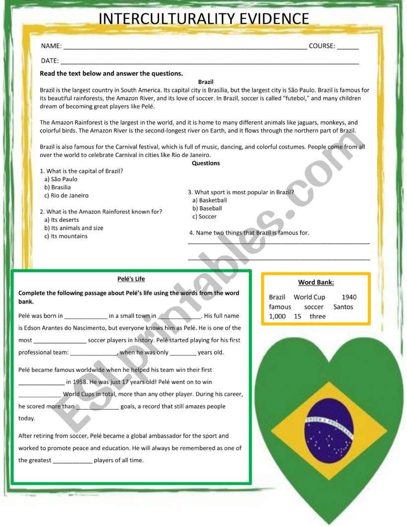 Brazil Reading Comprehension ESL Worksheet By Karenlore29