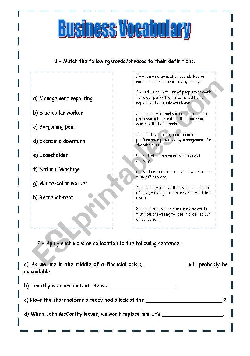 Business Vocabulary ESL Worksheet By ARaquelSP Business Vocabulary ESL Worksheet By ARaquelSP