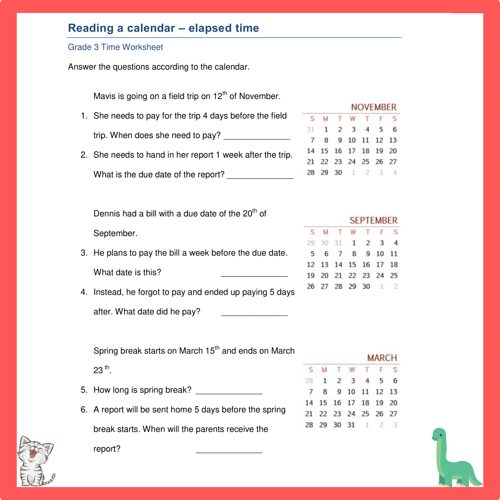 Printable Calendar Worksheet For Grade 1