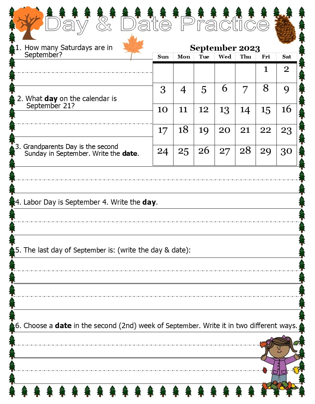 Calendar Practice Worksheet September 2023 FREE Fall Autumn Back To School Made By Teachers