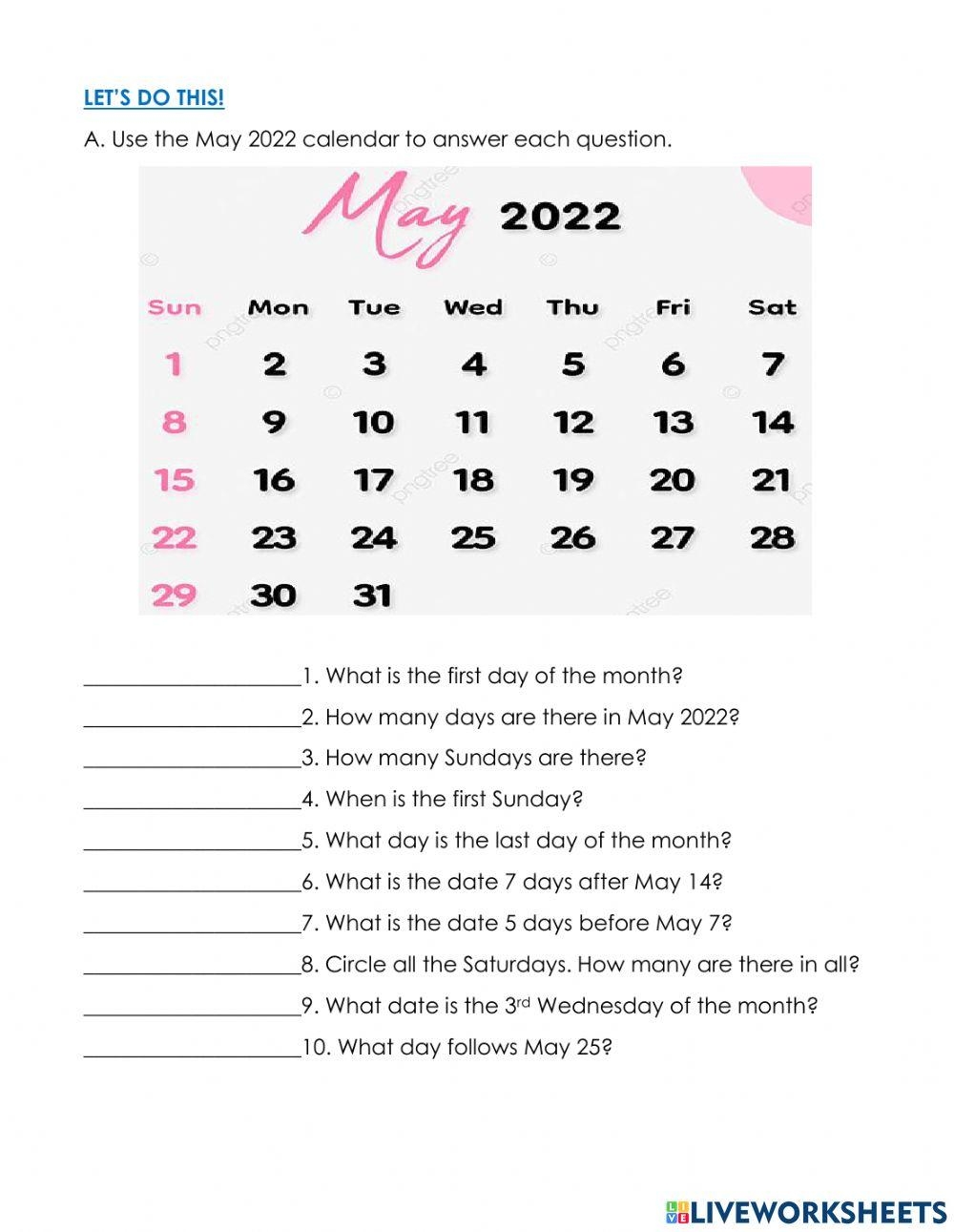 Calendar Worksheet For Grade 1 Live Worksheets Worksheets Library