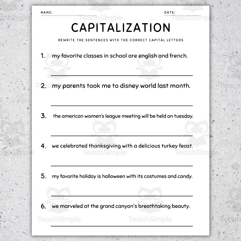 Capitalization Practice And Activities 5th Grade Grammar Worksheets By Teach Simple