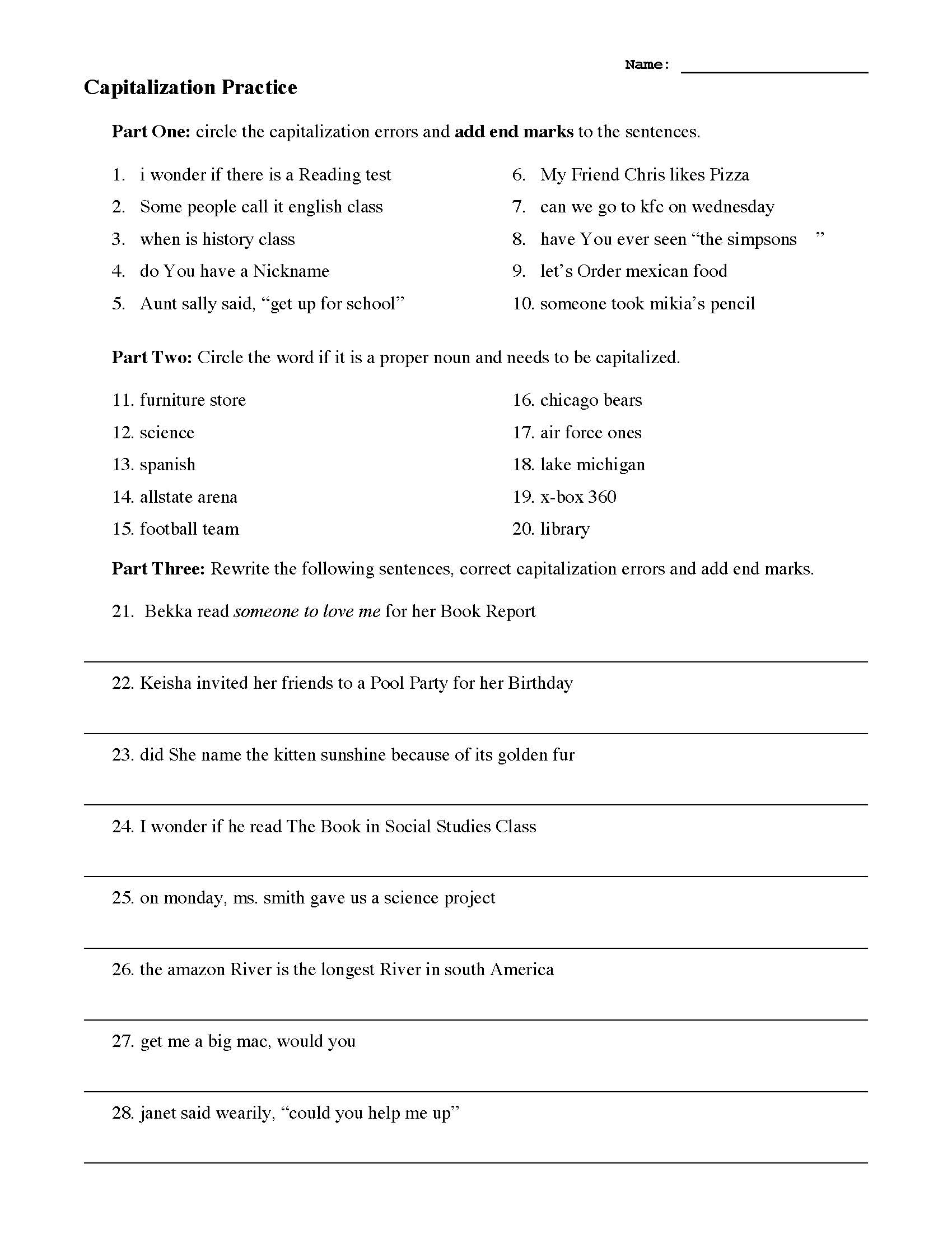 Capitalization Practice Worksheet Grammar Activity Capitalization Practice Worksheet Grammar Activity