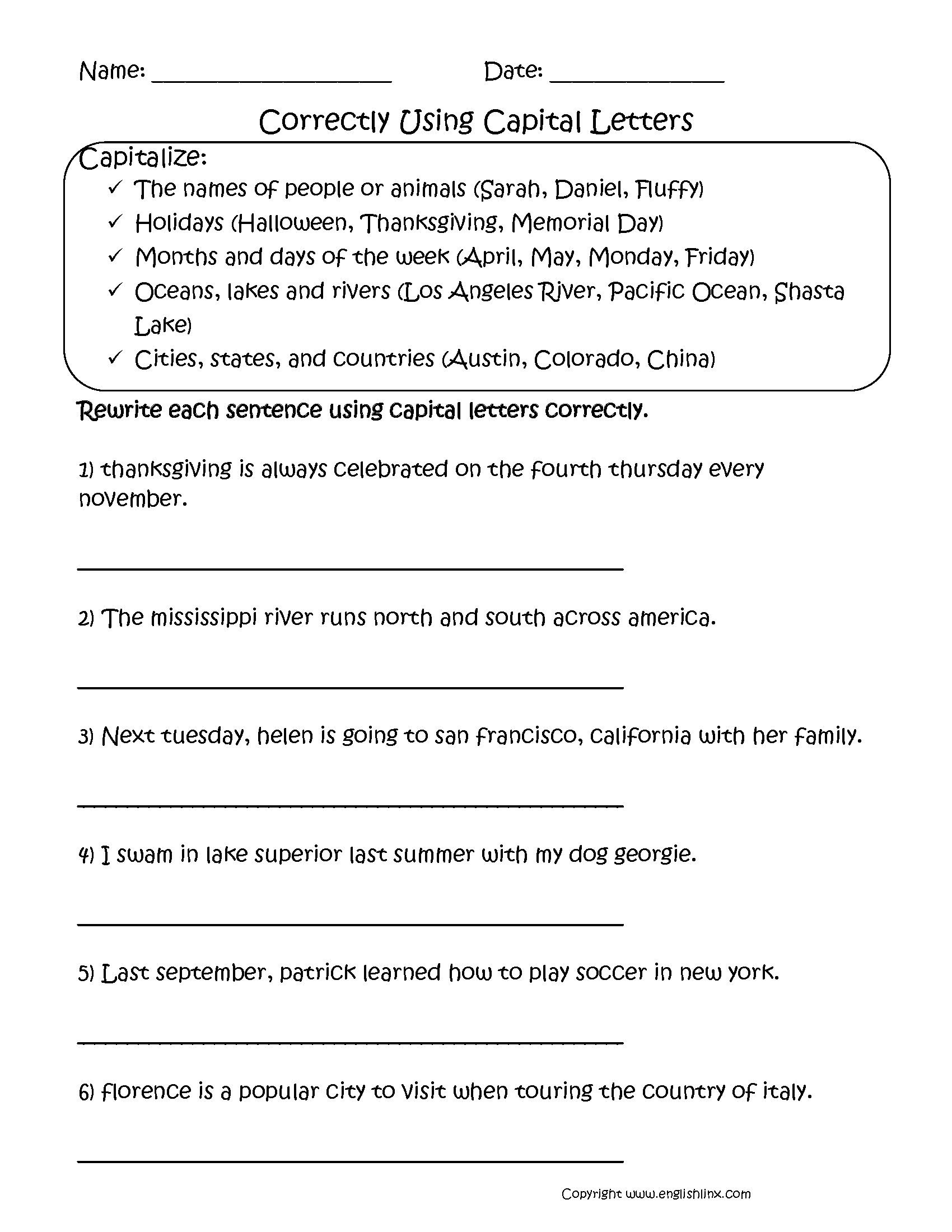 Capitalization Worksheets Free Printable Grammar Practice