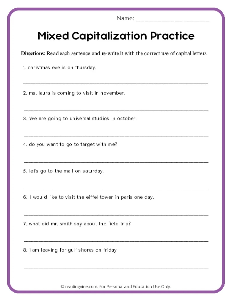 Capitalization Worksheets ReadingVine