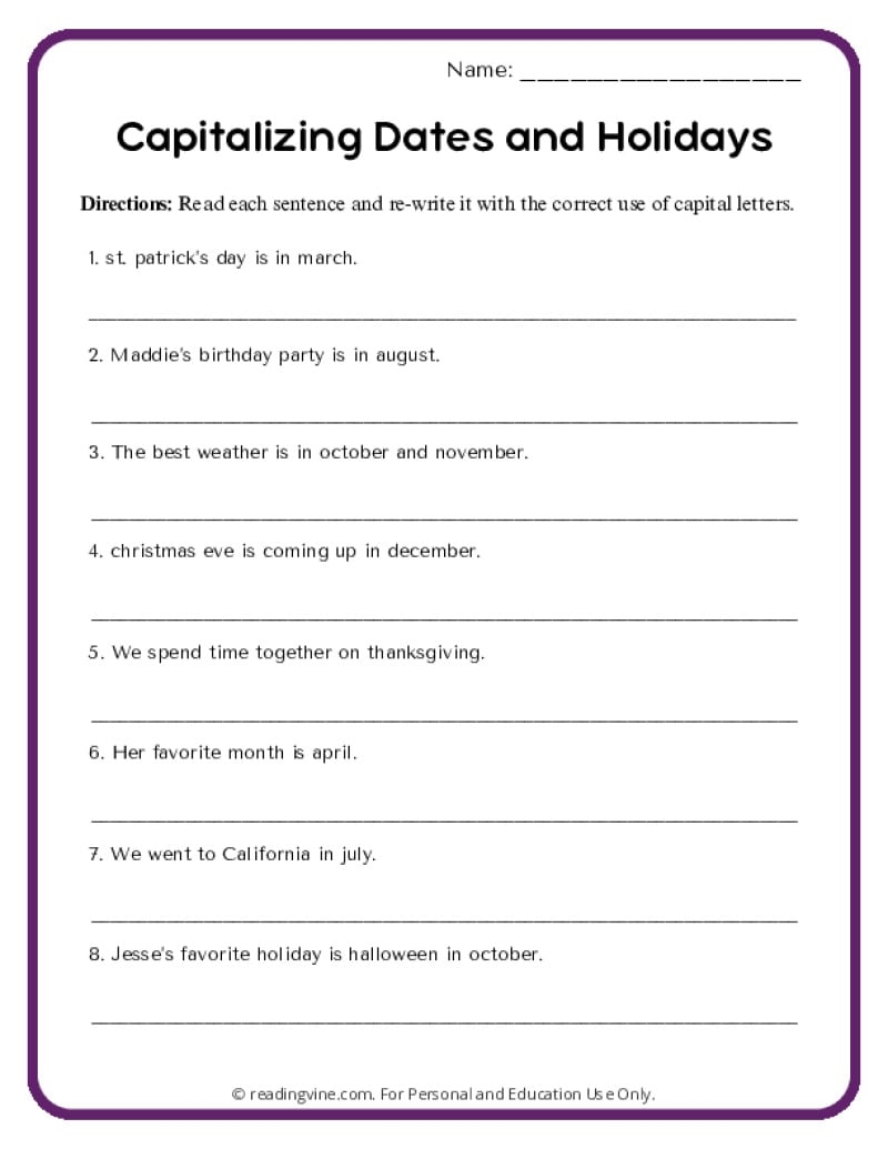 Capitalization Worksheets ReadingVine