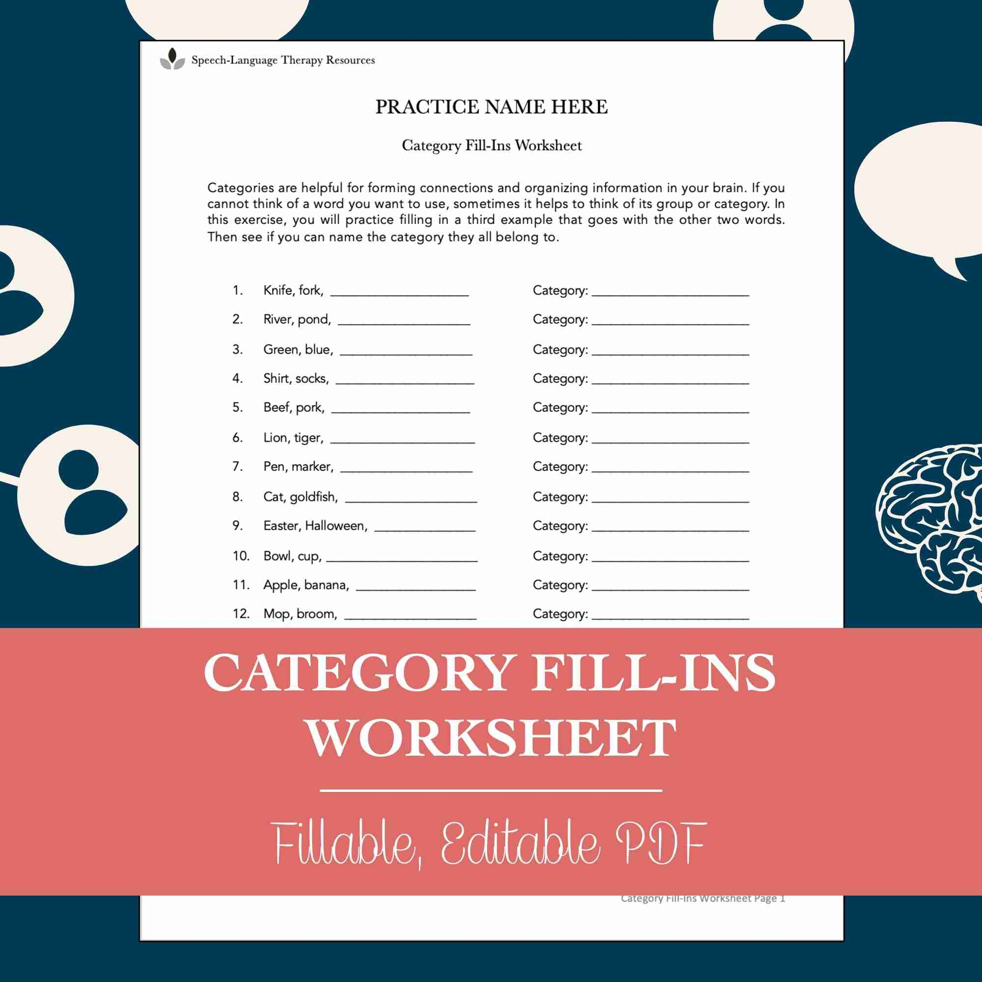 Category Fill Ins Worksheet For Aphasia For Speech Therapy 