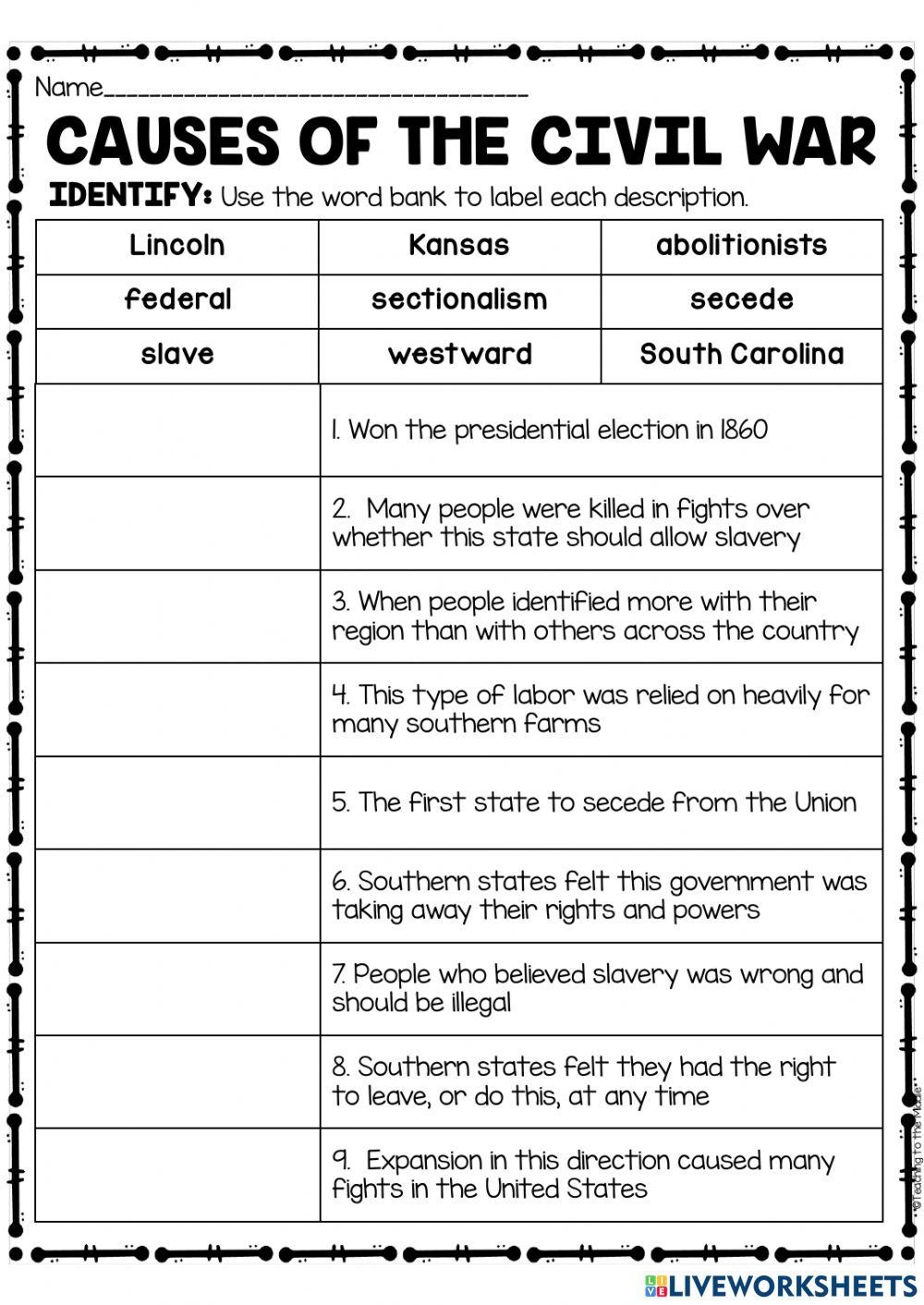 Causes Of The Civil War Online Exercise For Live Worksheets Worksheets Library Causes Of The Civil War Online Exercise For Live Worksheets Worksheets Library