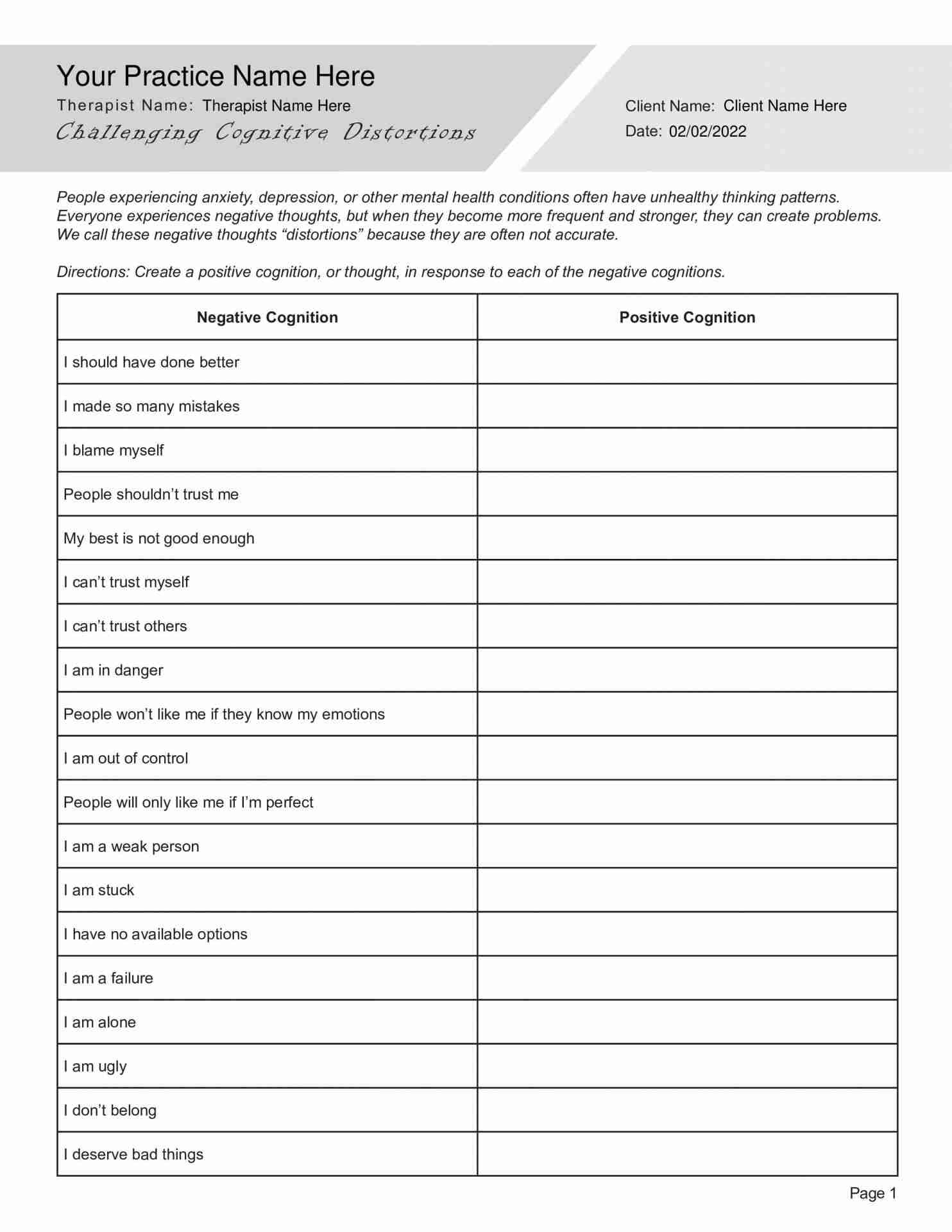 Free Printable Cognitive Worksheets Pdf