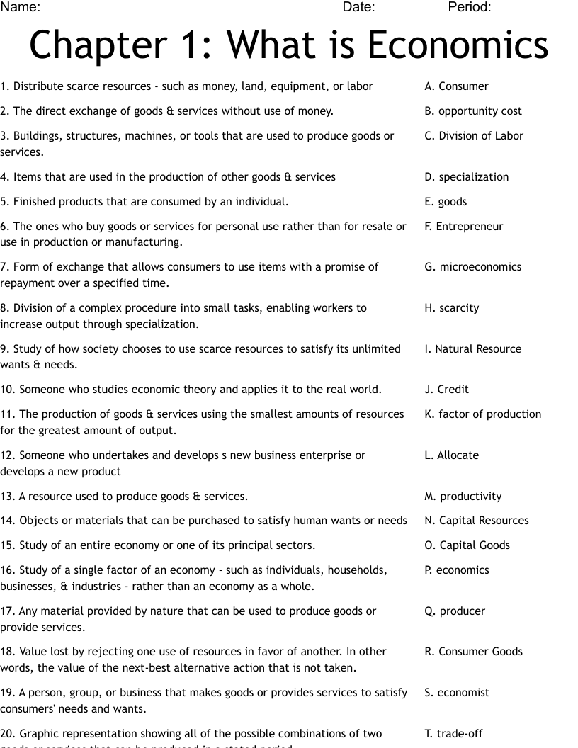 Free Printable Economic Worksheets