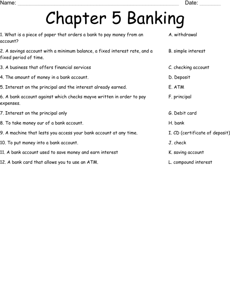 Chapter 5 Banking Worksheet WordMint