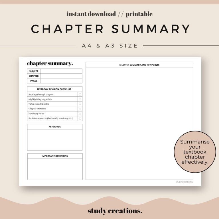 Chapter Summary Sheet For Students Summary And Revision Revision Sheet Planner Insert A4 And A3 Size Instant Download Etsy