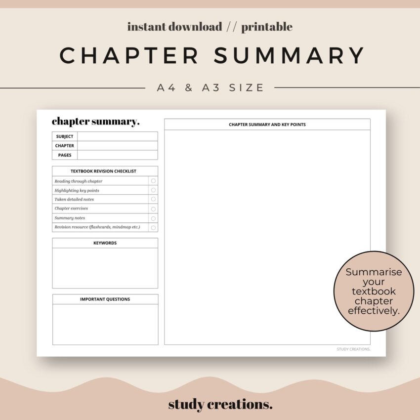 Chapter Summary Sheet For Students Summary And Revision Revision Sheet Planner Insert A4 And A3 Size Instant Download Etsy