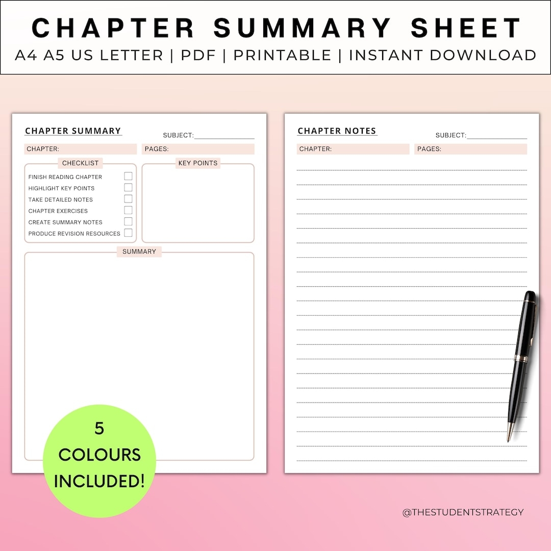 Chapter Summary Sheet Note taking Template Printable Revision Sheet For Students Summary Template A4 A5 US Letter Digital Download Etsy