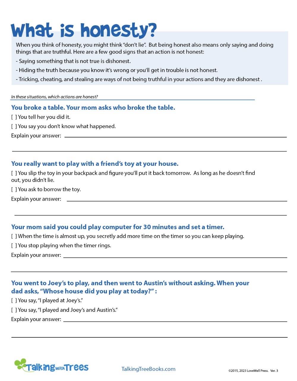 Character Education Free Printable Worksheets
