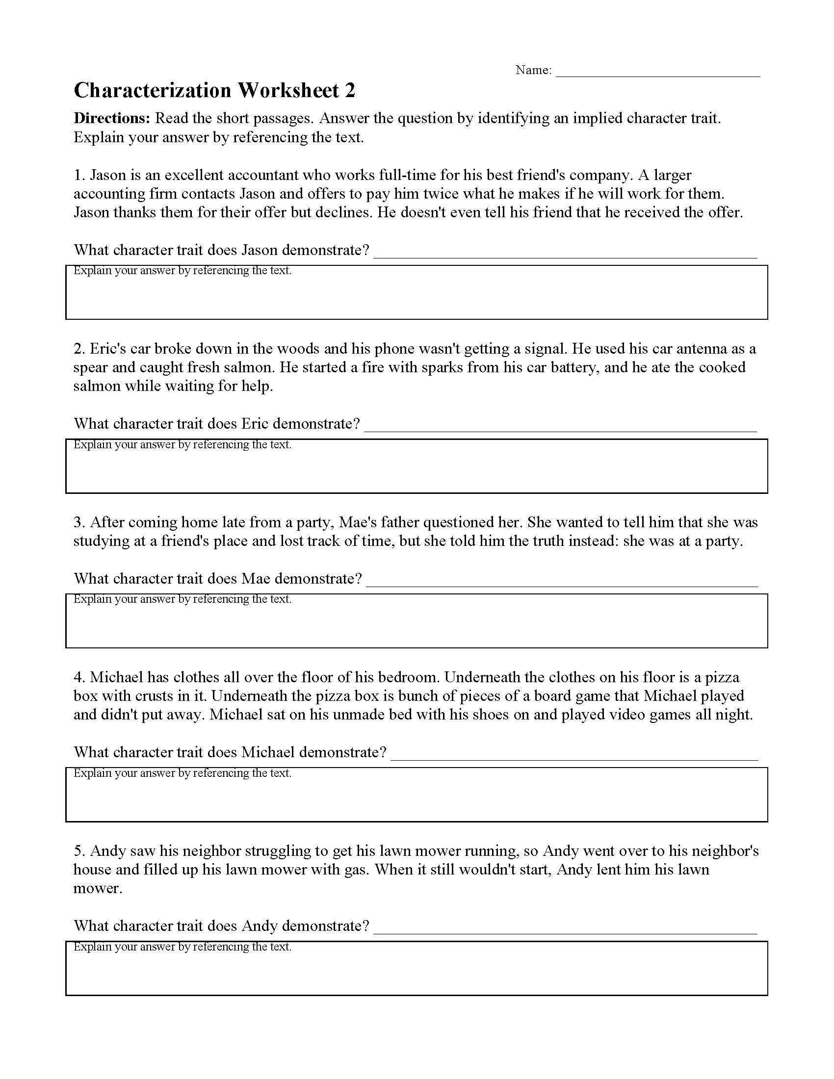 Characterization Worksheets Ereading Worksheets
