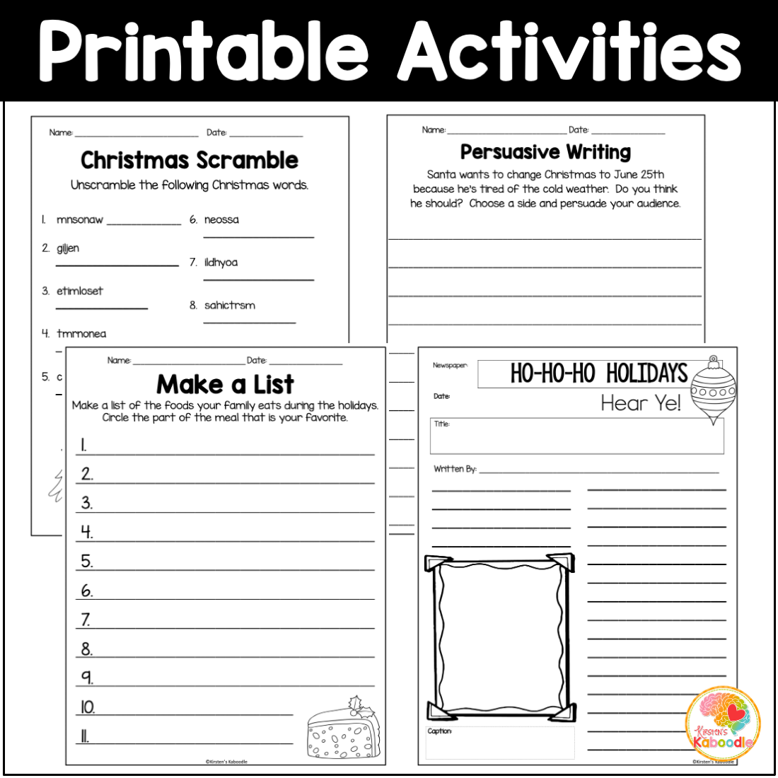 Free Printable Holiday Worksheets Activities