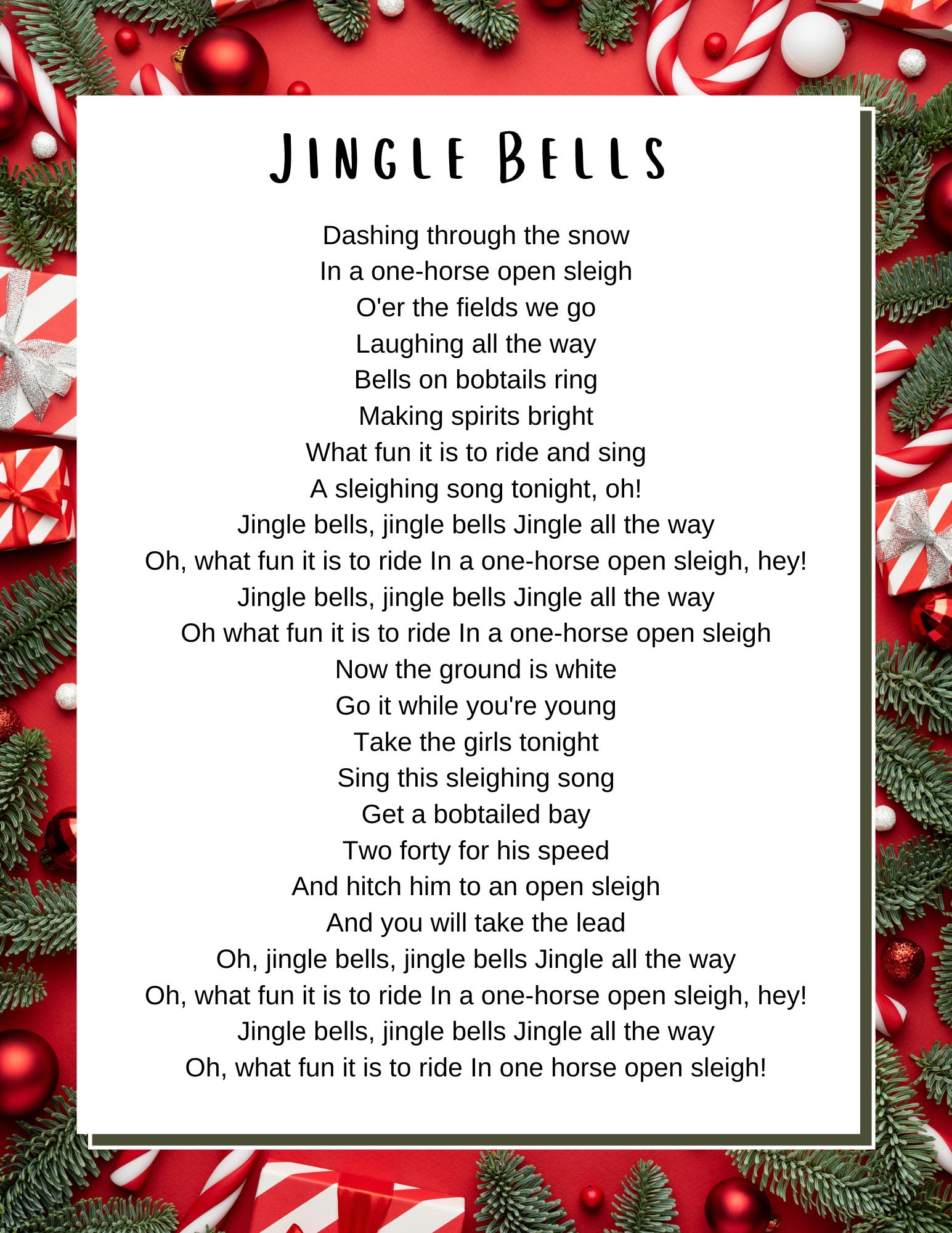 Jingle Bells Lyrics Printable For Preschoolers Jingle Bells Lyrics Printable For Preschoolers