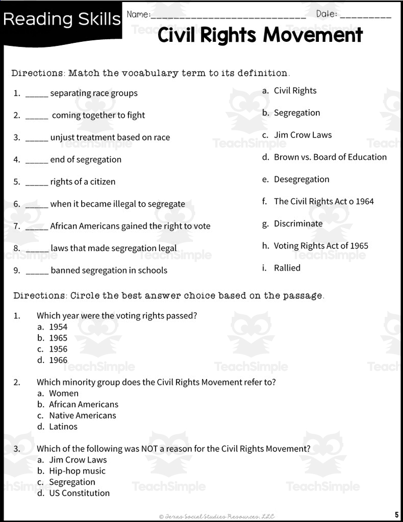 Civil Rights Reading Comprehension Worksheets Pdf Civil Rights Reading Comprehension Worksheets Pdf