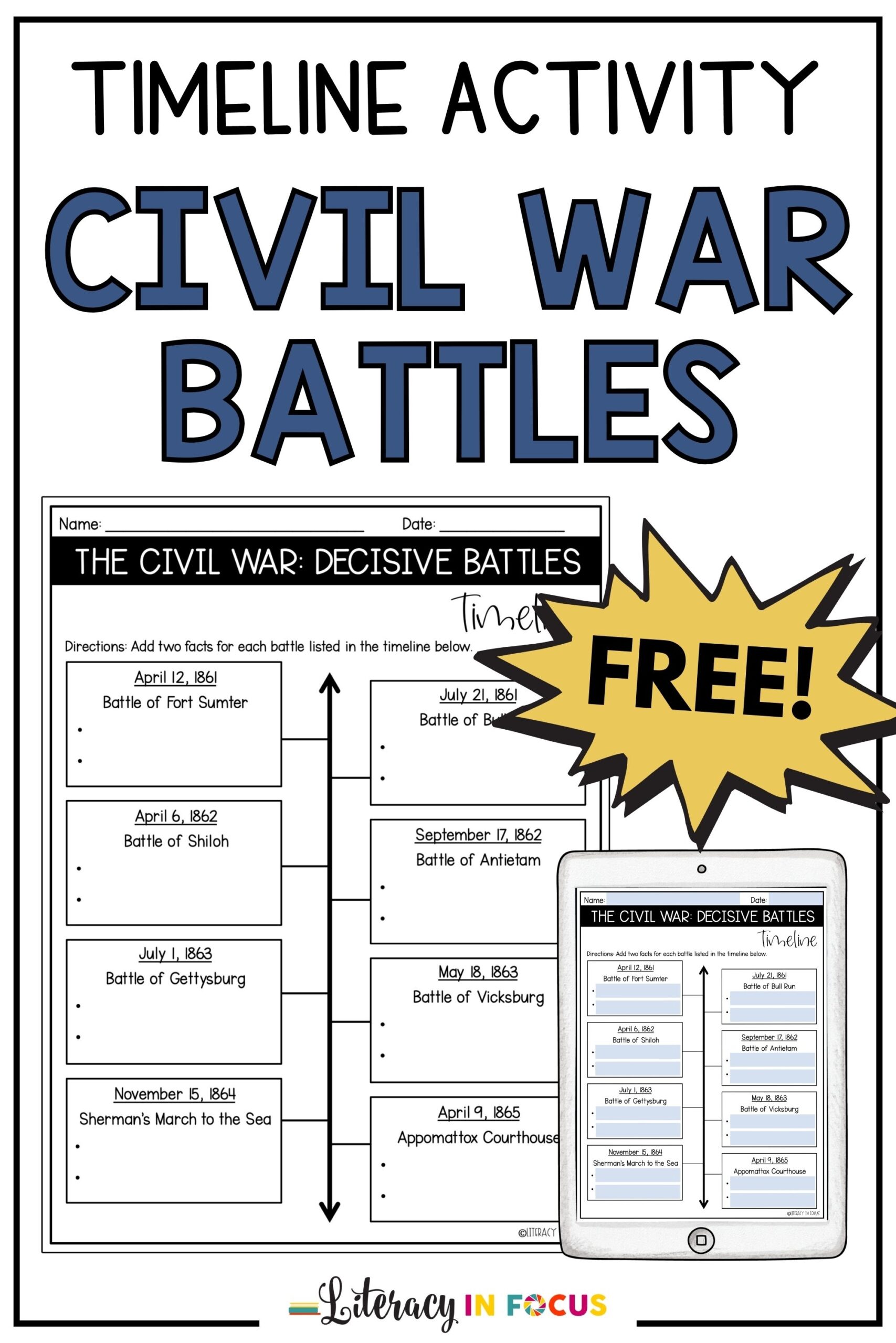 Civil War Battles Timeline Activity Free Worksheet Literacy In Focus Civil War Battles Timeline Activity Free Worksheet Literacy In Focus