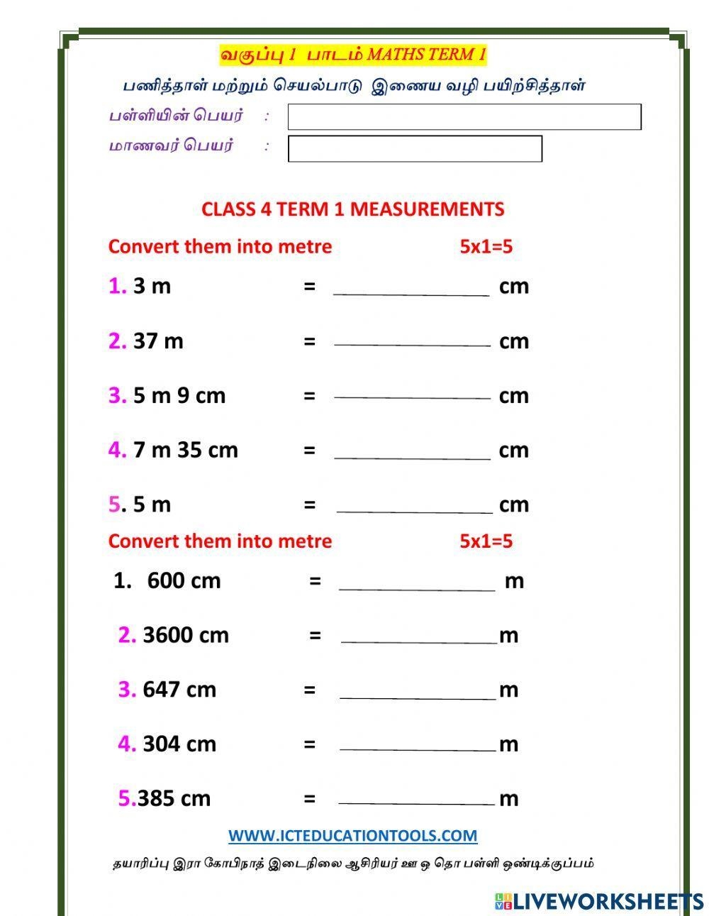 Class 4 Term 1 Measurements Worksheet Worksheets Library