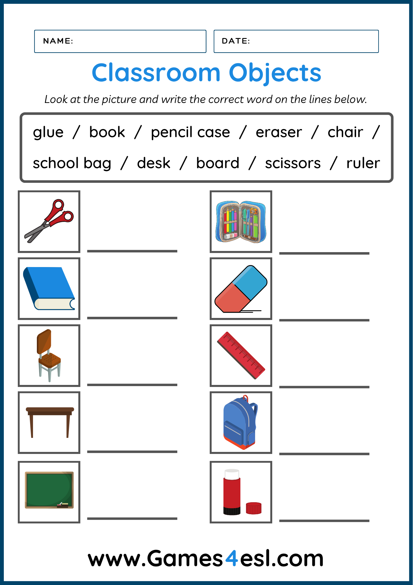Classroom Object Vocabulary Worksheets Games4esl
