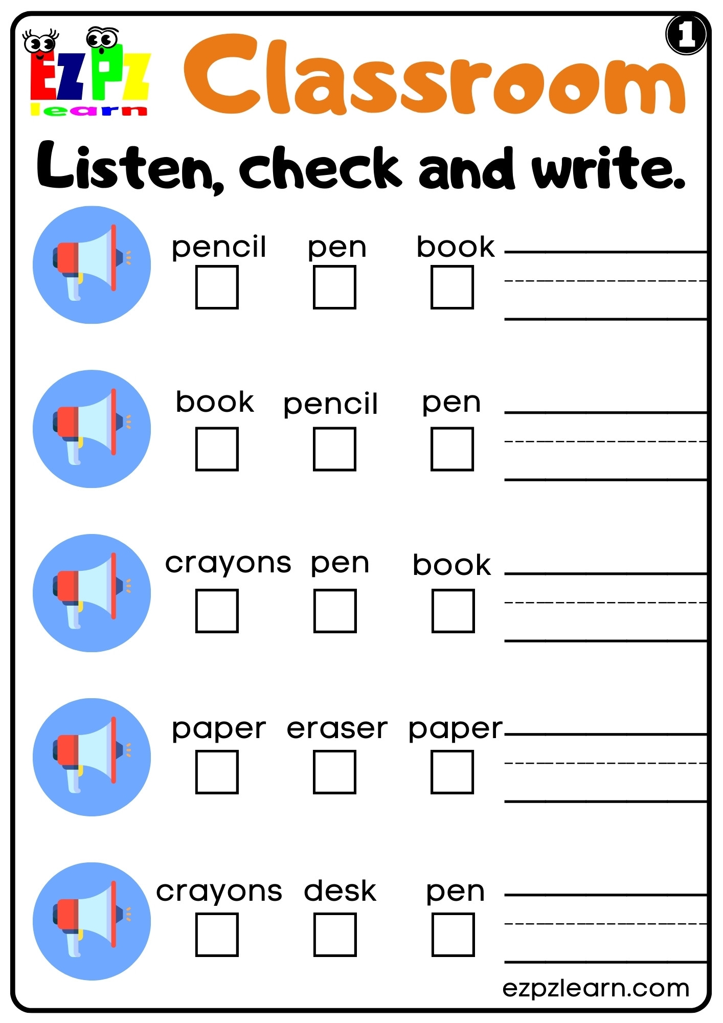 Classroom Objects Listen Check And Write Interactive Worksheet 1 Classroom Objects Listen Check And Write Interactive Worksheet 1