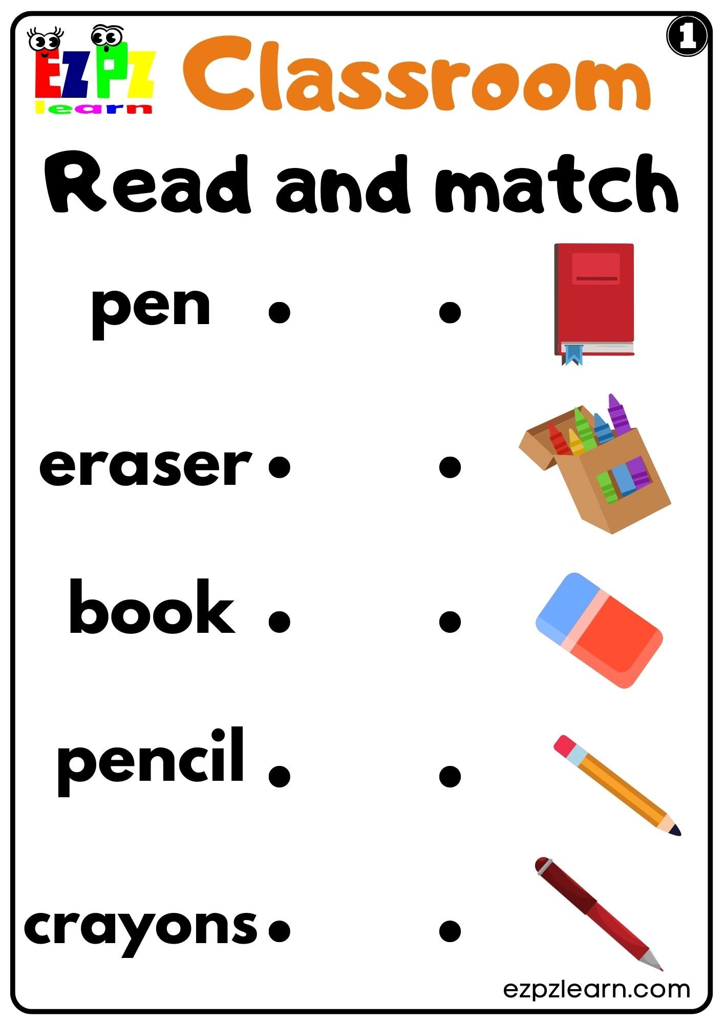 Classroom Objects Read And Match Set 1 Worksheet Ezpzlearn