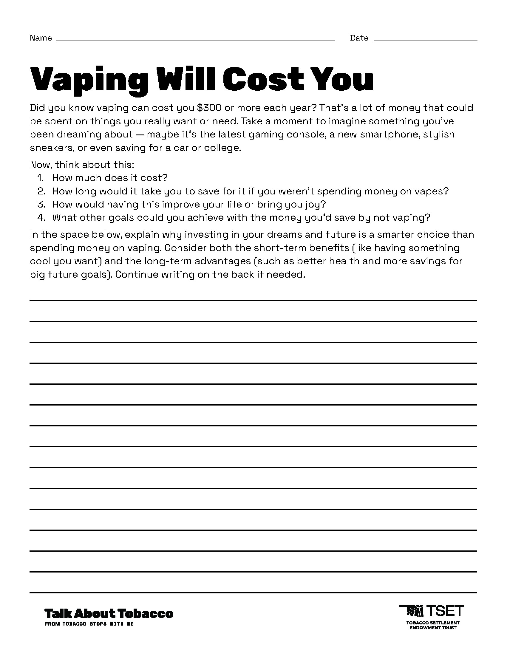 Printable Tobacco Worksheets For Middle School