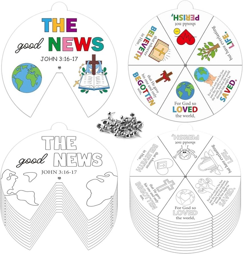 COcnny Religious Christian Craft Activities 24 Sets John 3 16 Coloring Crafts For Kids Color Your Own Bible Wheel Cards DIY Jesus Biblical The