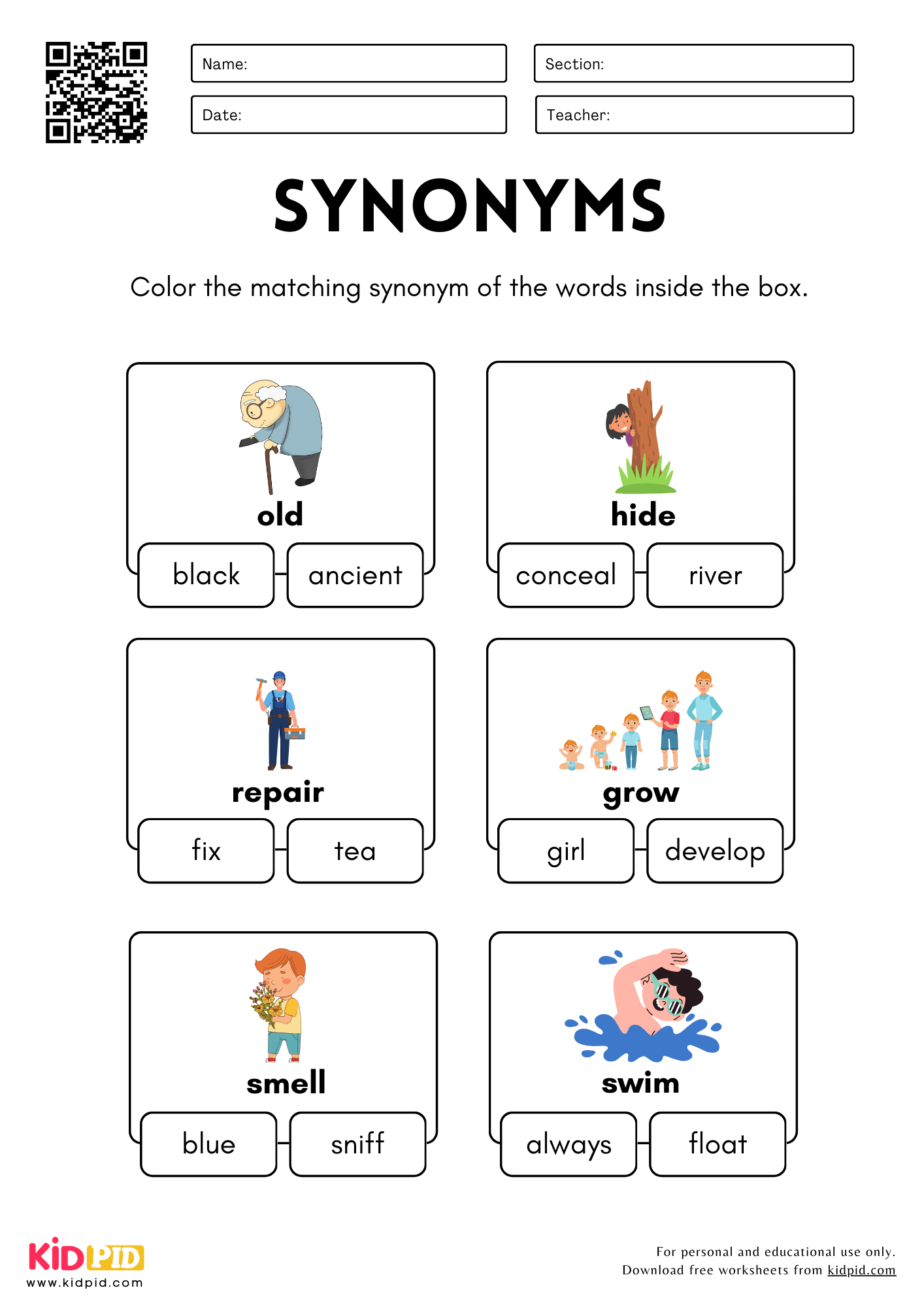 Color The Matching Synonyms Worksheet For Grade 1 Kidpid Color The Matching Synonyms Worksheet For Grade 1 Kidpid