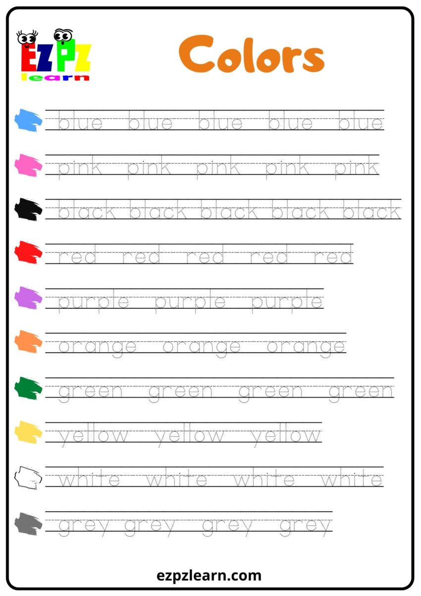 Colors Word Tracing Worksheet Ezpzlearn