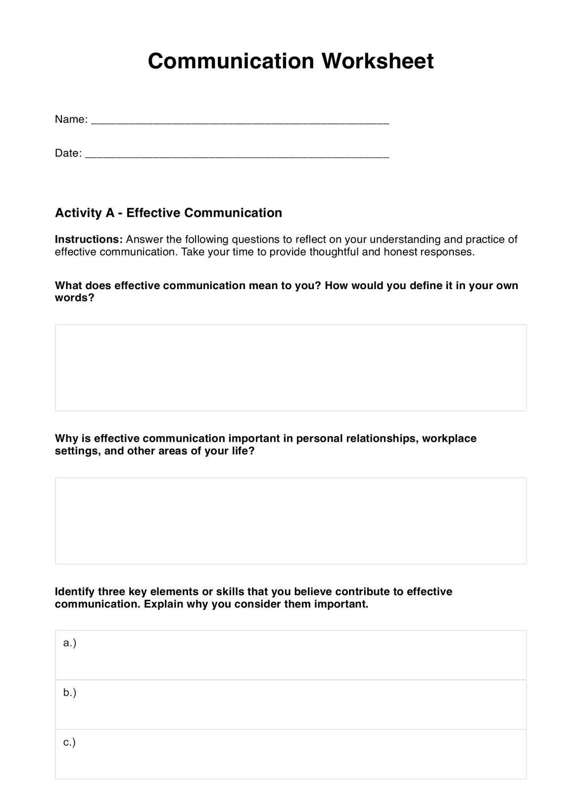 Communication Worksheet Example Free PDF Download Communication Worksheet Example Free PDF Download