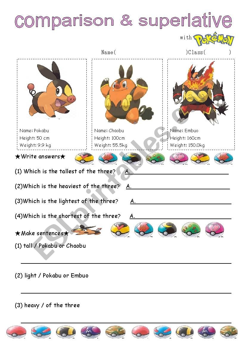 Comparative Superlative With Pokemon 2 ESL Worksheet By Megmilk