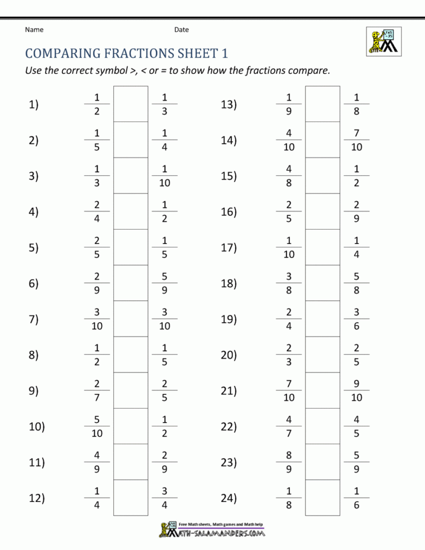 Comparing Fractions Worksheet