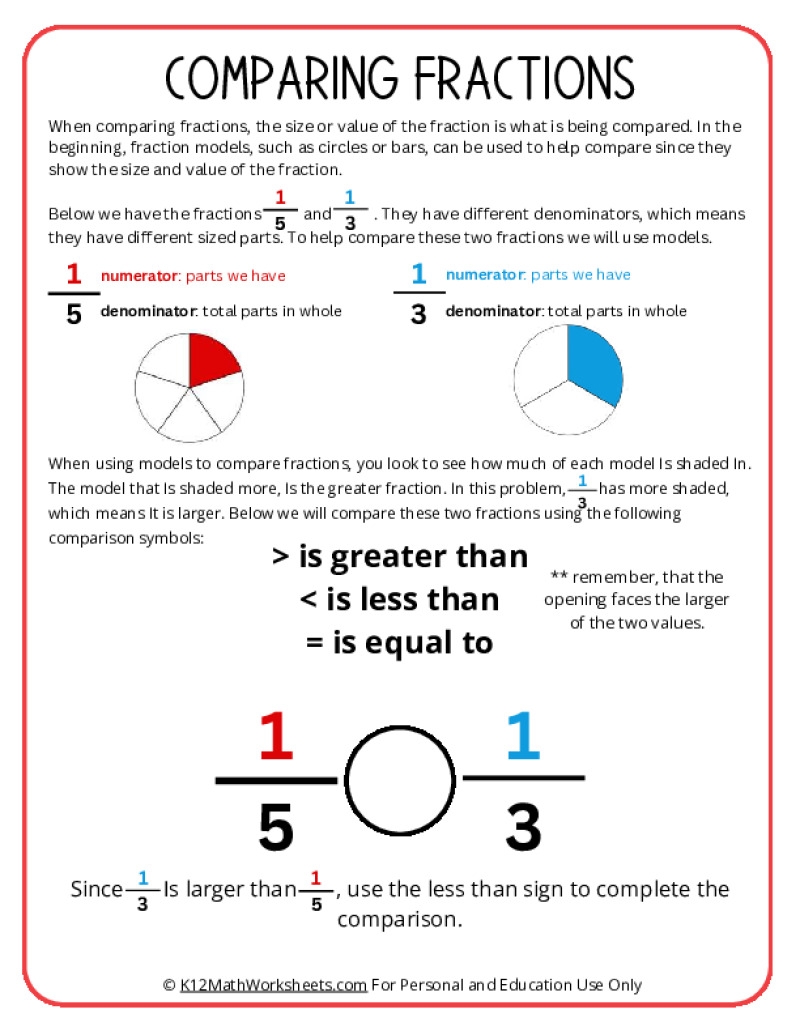 Comparing Fractions Printable Worksheet