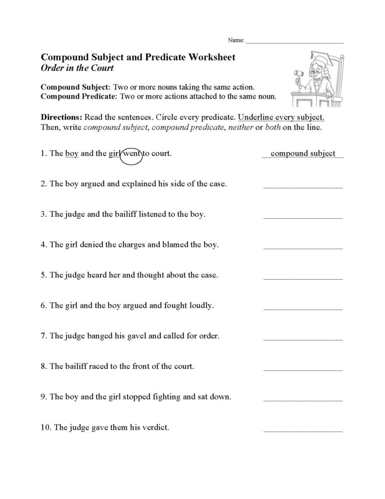 Compound Subject And Predicate Worksheet Sentence Structure Activity