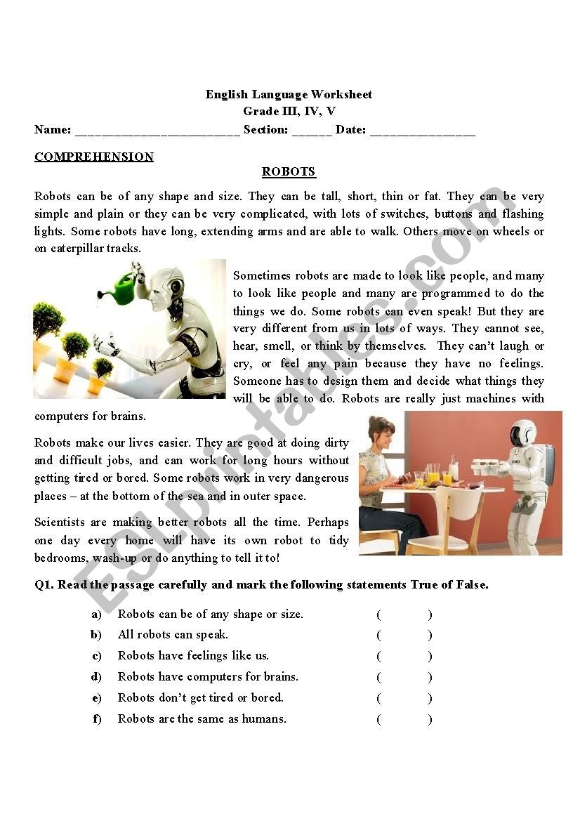 Comprehension About ROBOTS ESL Worksheet By Mariajane Comprehension About ROBOTS ESL Worksheet By Mariajane