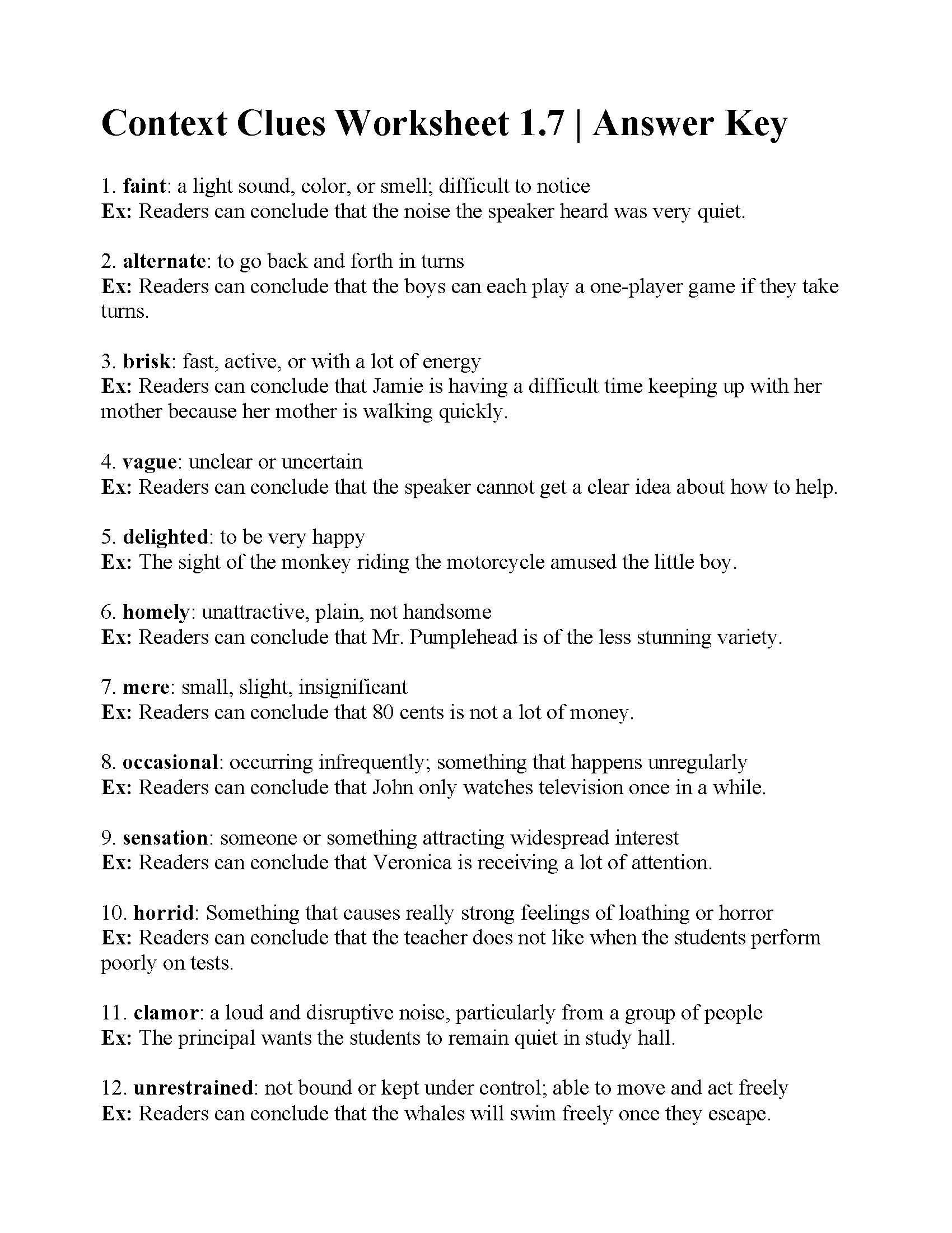 Context Clues Worksheet 1 7 Reading Activity