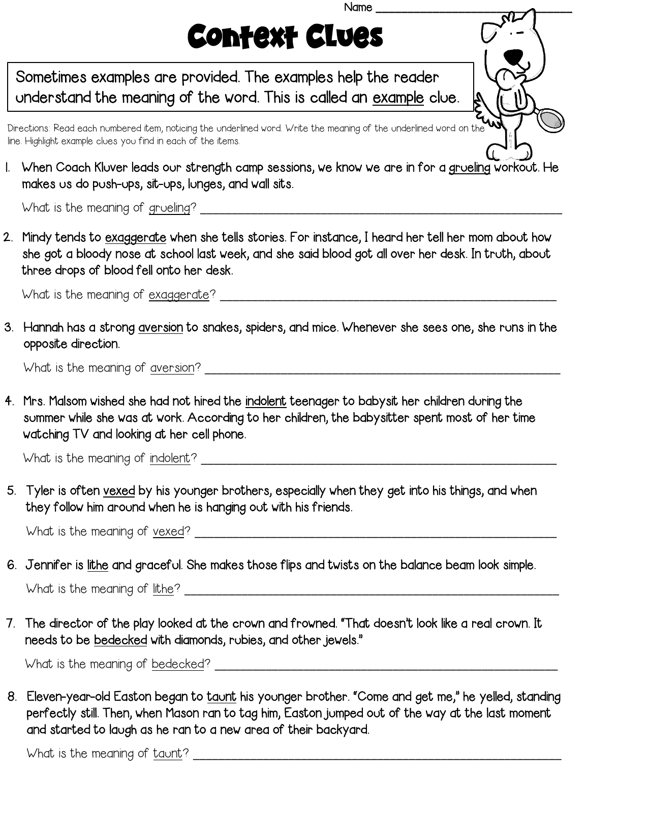 Context Clues Worksheet Example Clues