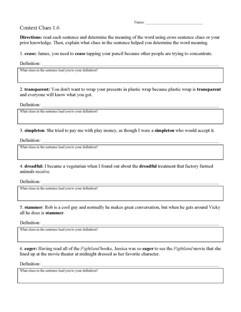 Context Clues Worksheets Ereading Worksheets