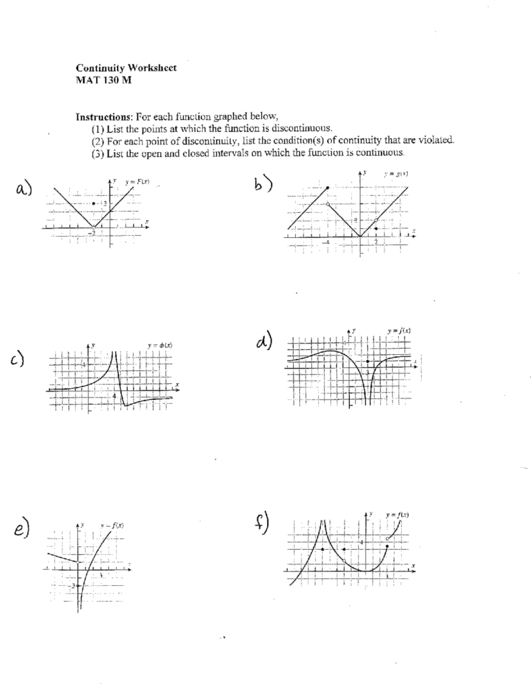 Continuity Worksheet Calculus I MAT 130 Assignments Calculus 