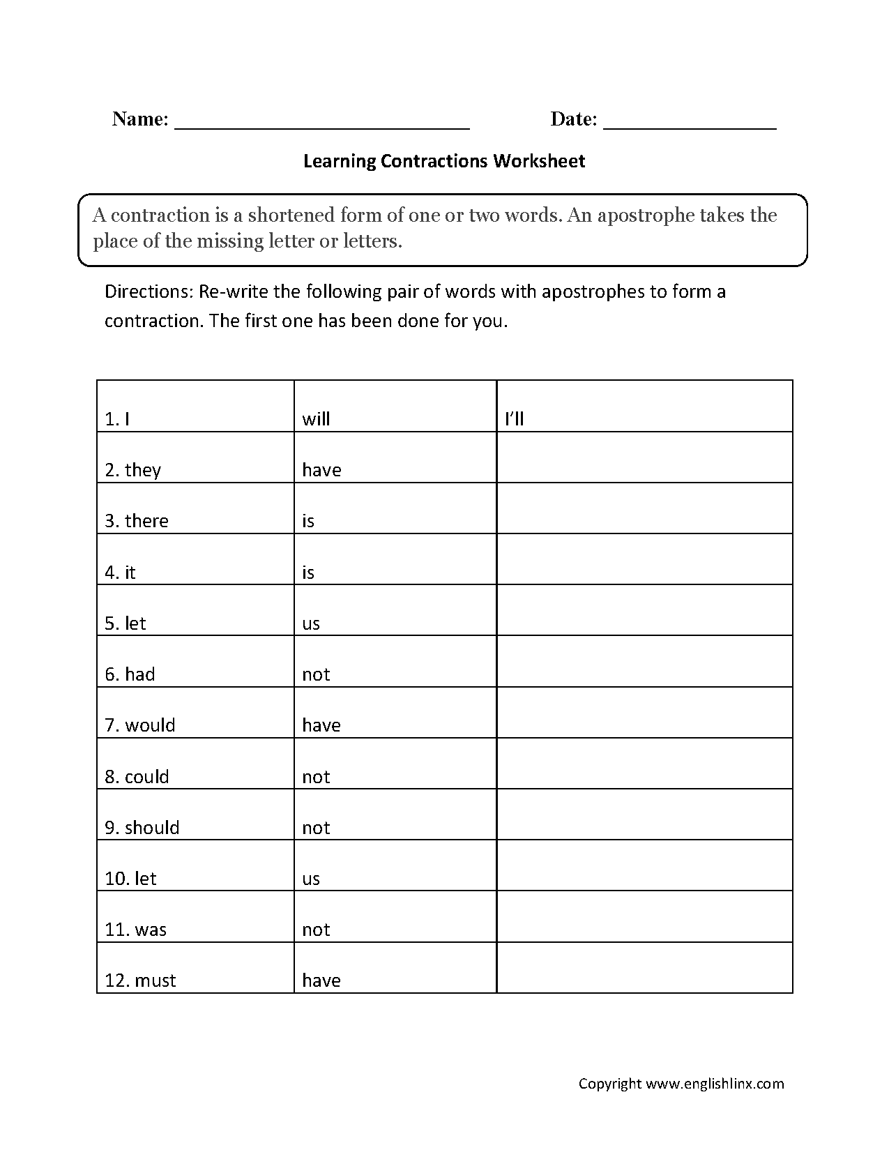 Printable Contractions Worksheet For First Grade Printable Contractions Worksheet For First Grade