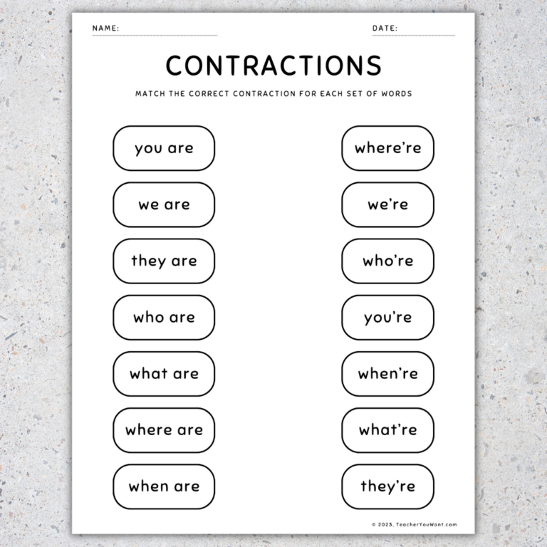 Contractions Worksheets Matching Game Activity Assessment Made By Teachers