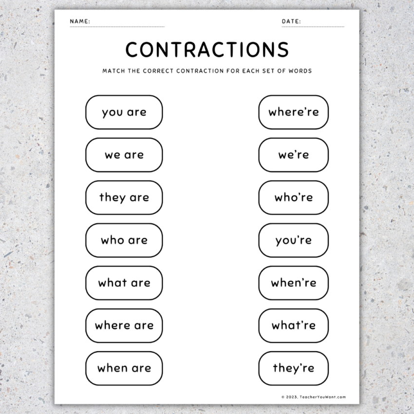 Contractions Worksheets Matching Game Activity Assessment Made By Teachers