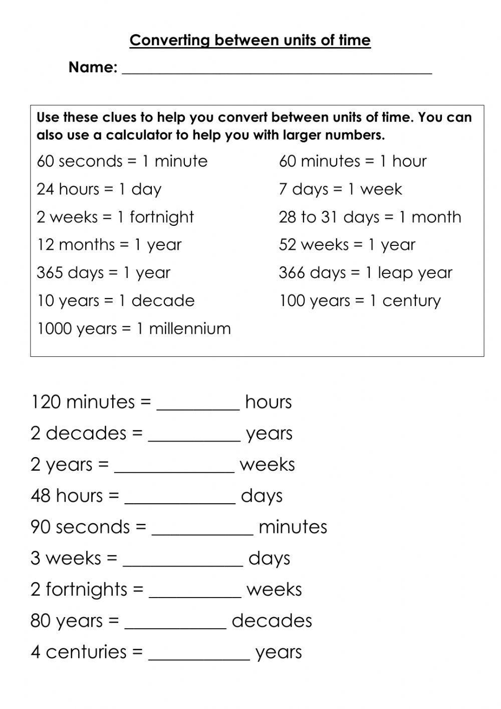 Converting Units Of Time Worksheet Live Worksheets Worksheets Library