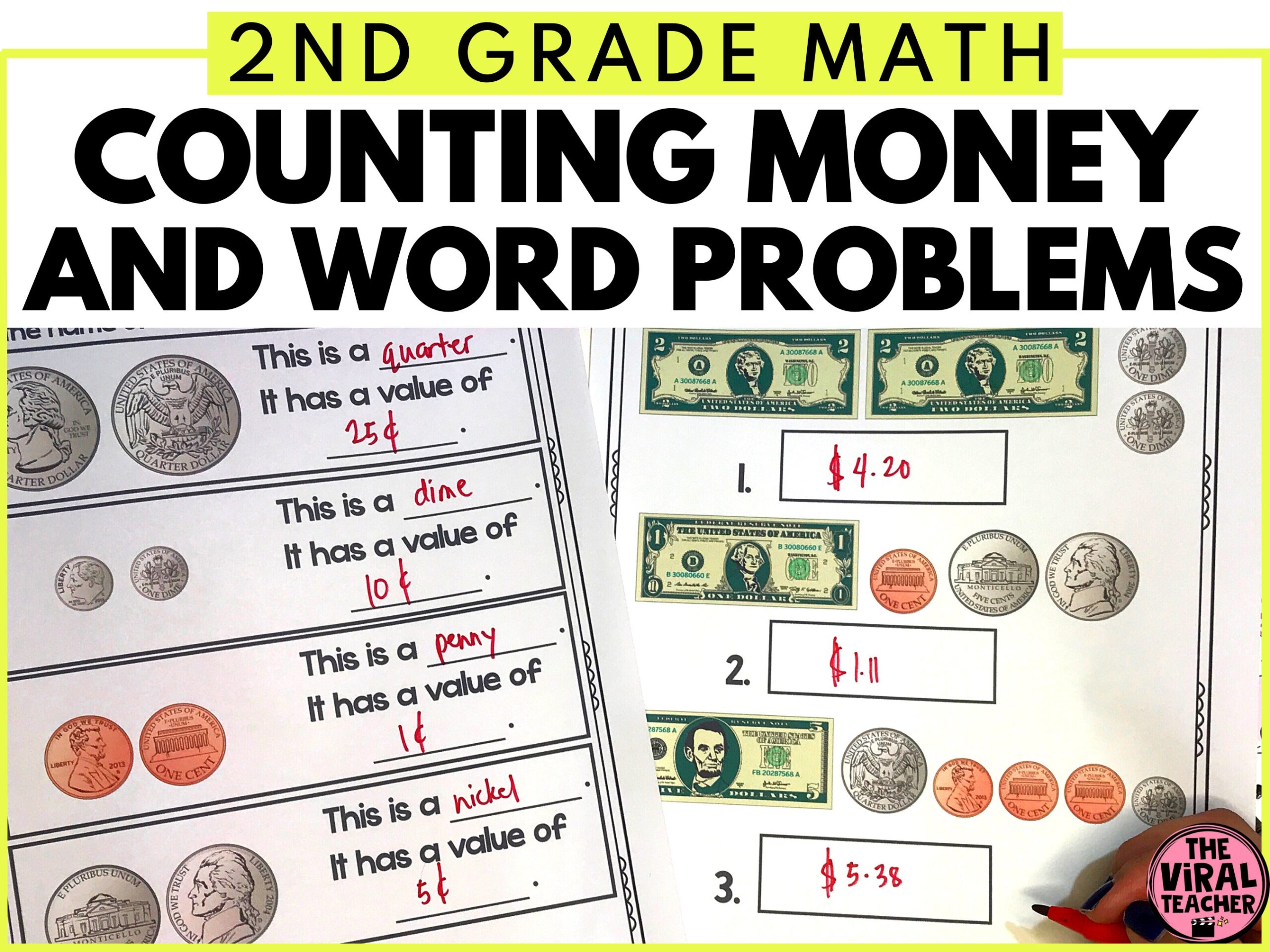 Counting U S Dollar Bills And Coins And Solving Money Word Problems Math Worksheets For 2nd Graders Etsy