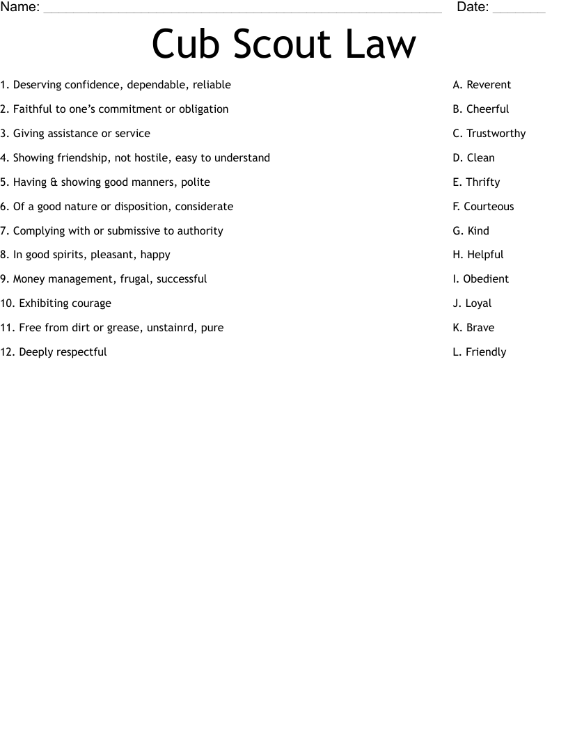 Cub Scout Law Worksheet WordMint Cub Scout Law Worksheet WordMint