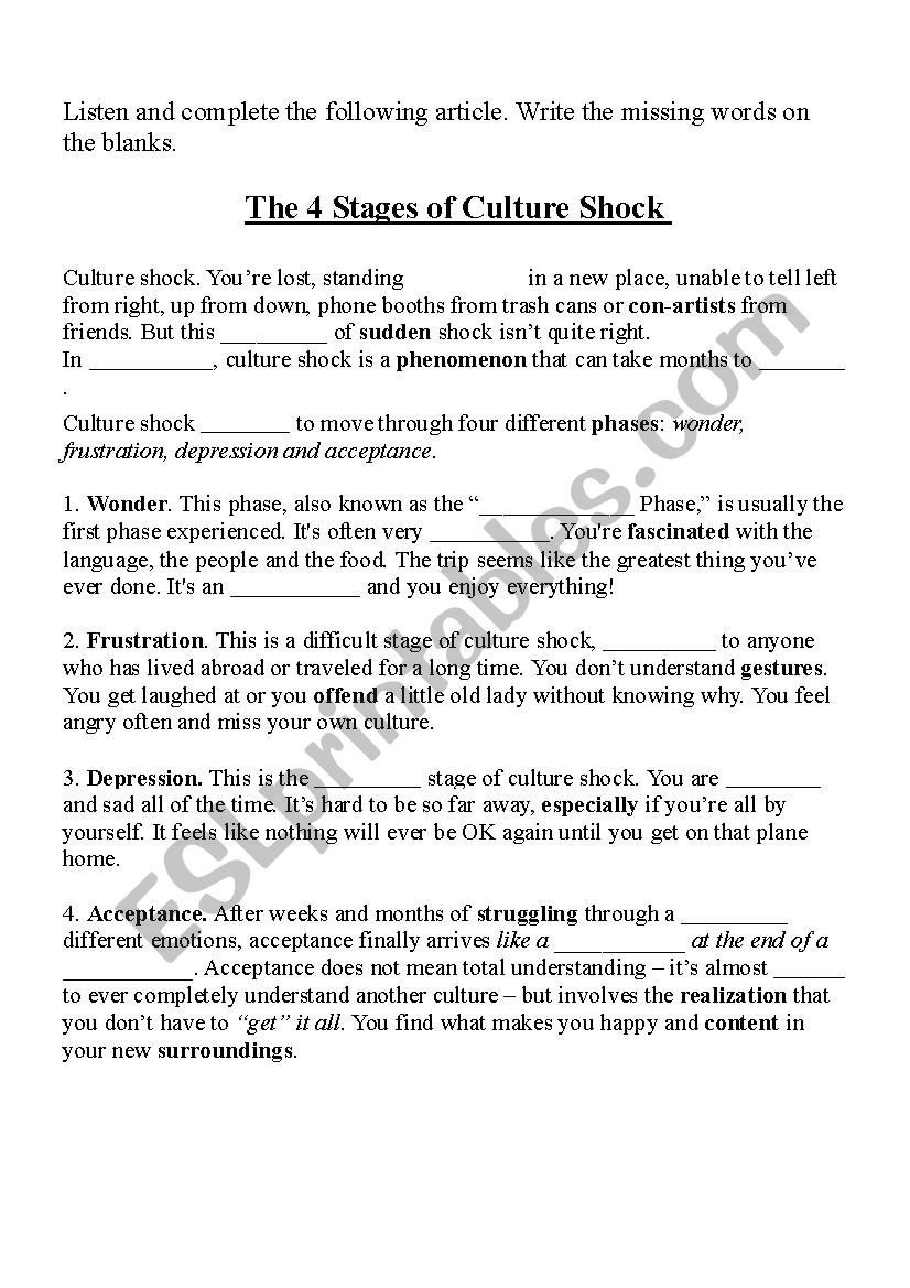 Culture Shock ESL Worksheet By Tchrkaren Culture Shock ESL Worksheet By Tchrkaren