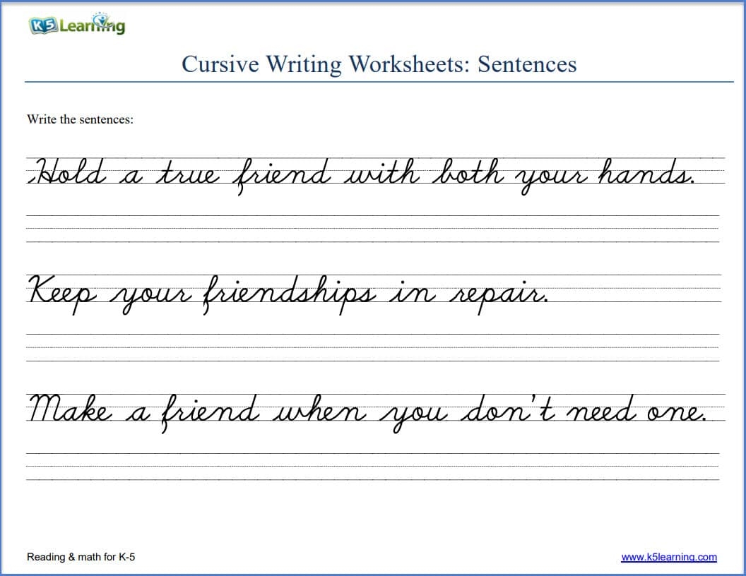 Free Printable Cursive Handwriting Sentence Worksheets